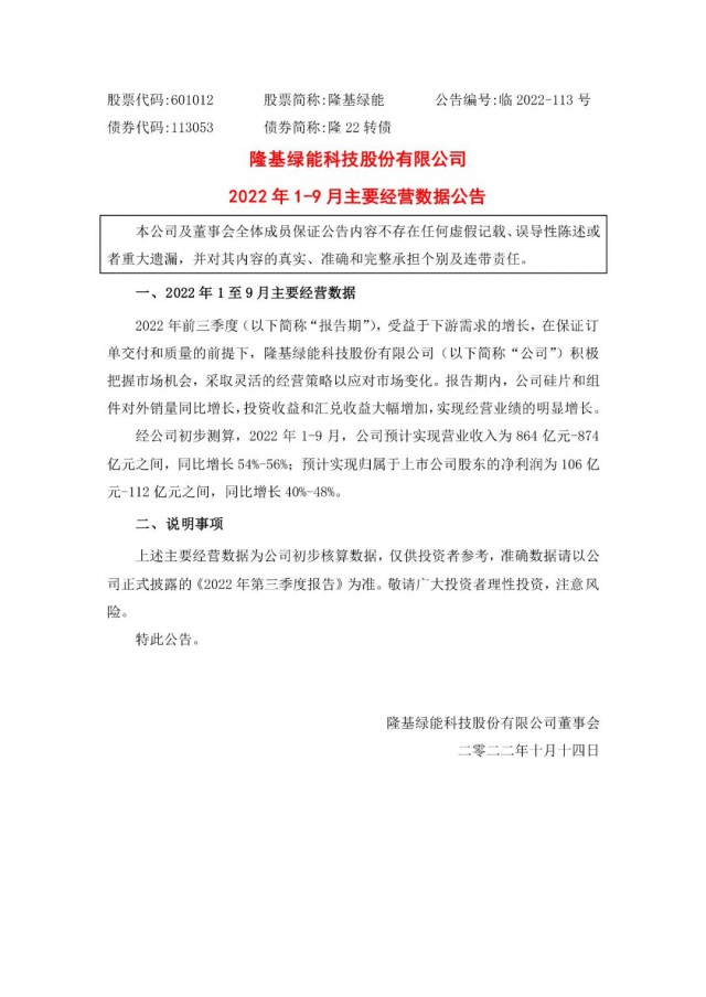 隆基綠能：營收或超864億，預(yù)計前三季凈利或在106億元-112億元之間
