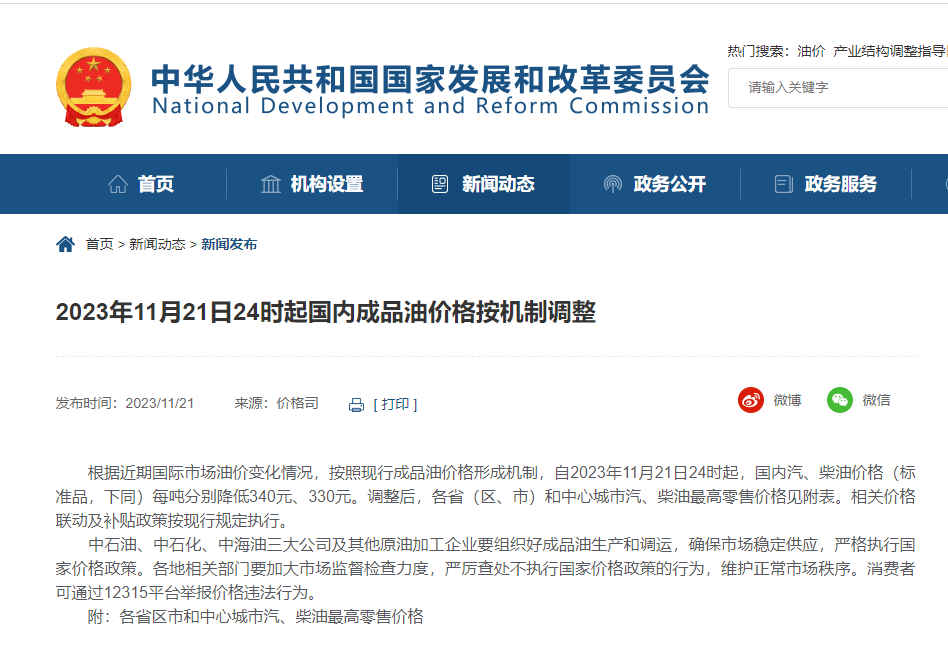 今晚，油價(jià)下調(diào)!附各省汽、柴油最高零售價(jià)